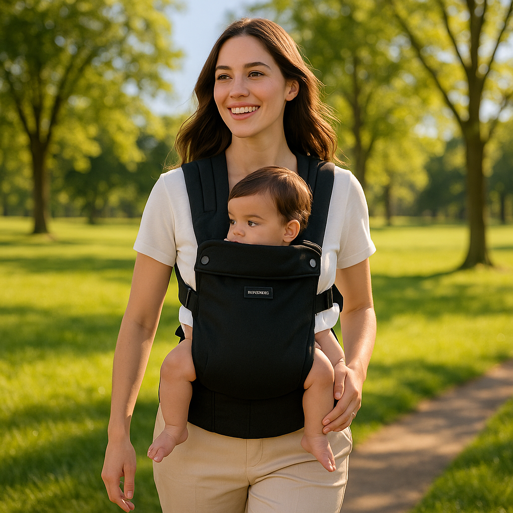 Balade ensoleillée avec maman et son bebe dans un parc verdoyant