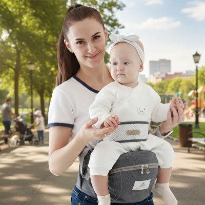 Journée ensoleillée au parc avec bébé bien installé en balade