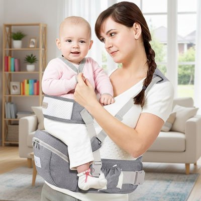 Salon lumineux avec bébé installé et ambiance douce du quotidien