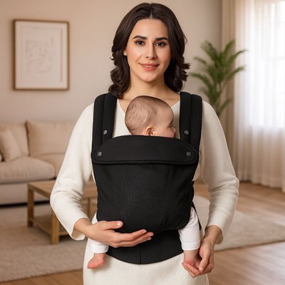 bébé dans son Porte bébé physiologique noir