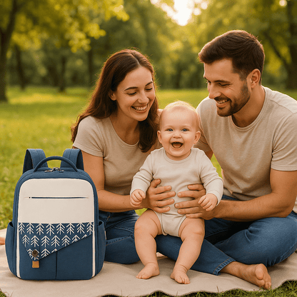 bébé et ses parents et sac a langer parc coucher du soleil