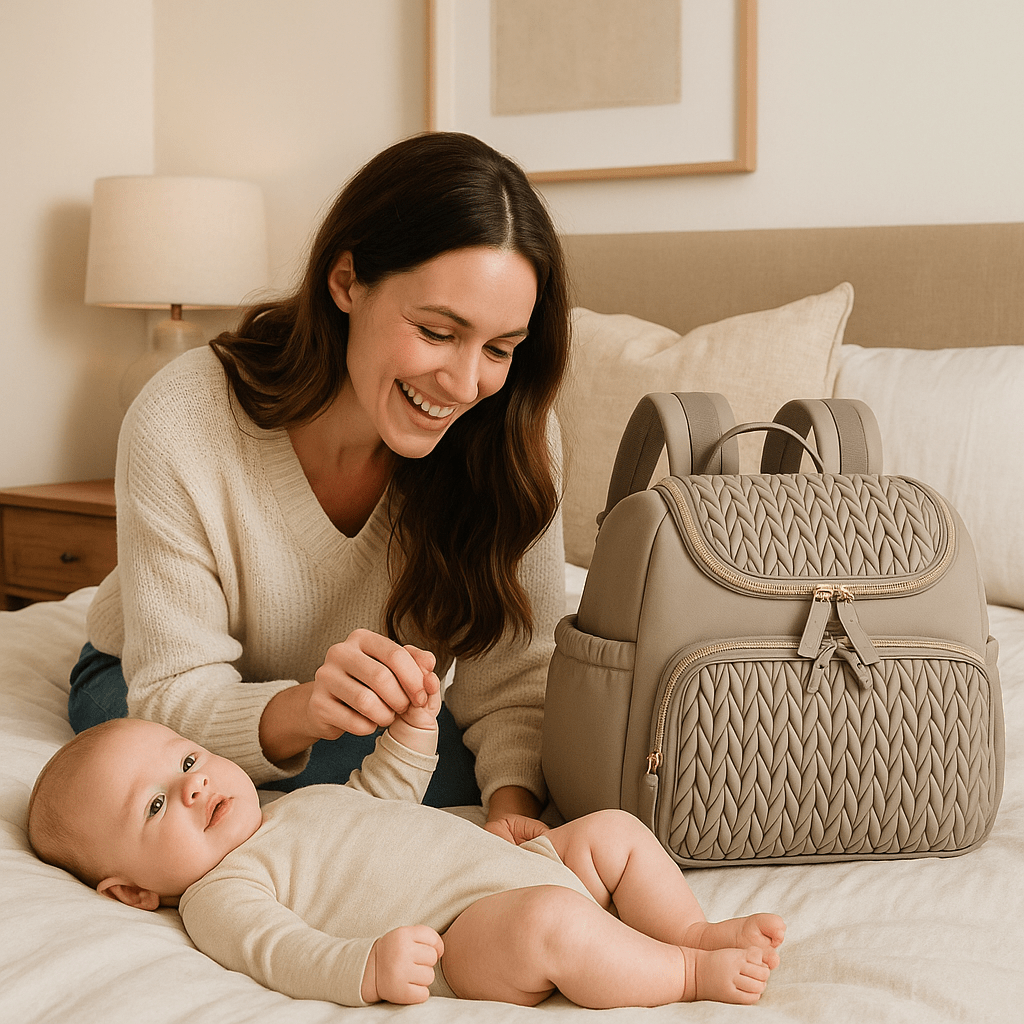 bébé sur le lit avec maman et sac a langer camel commode luminaires