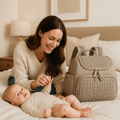 bébé sur le lit avec maman et sac a langer camel commode luminaires