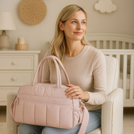 maman avec son sac a langer grand rose