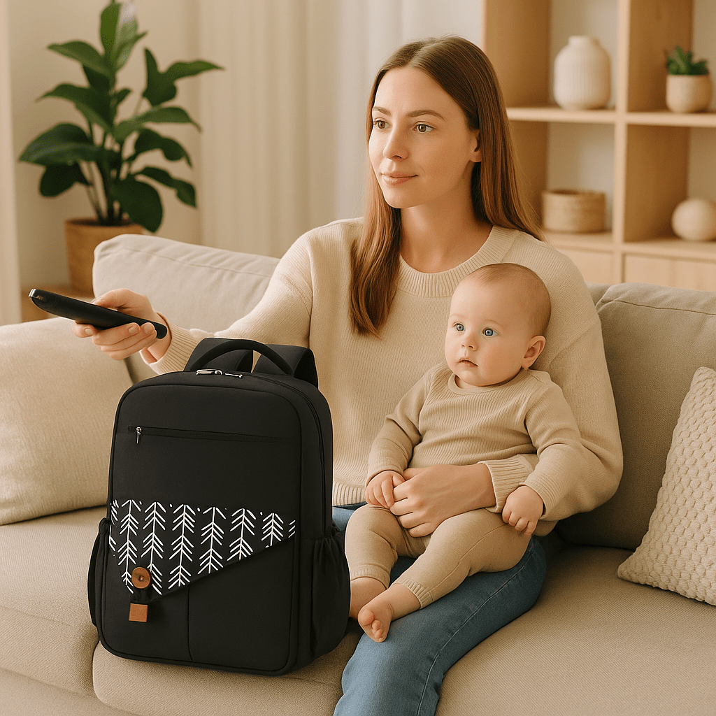 maman et bébé sur le canapé et sac a langer décoration murale plante interieure