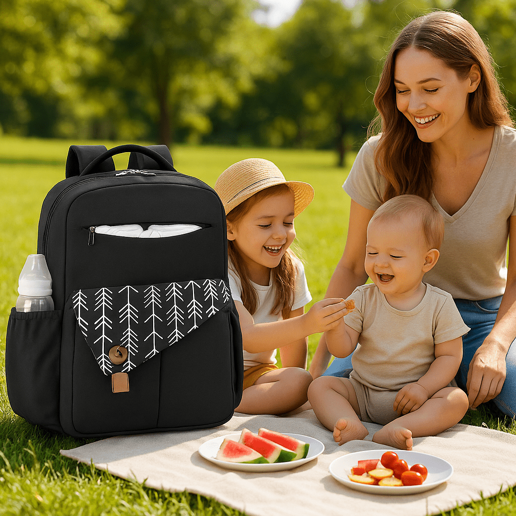 maman ses enfants et sac a langer noir pastèque tomate cerise