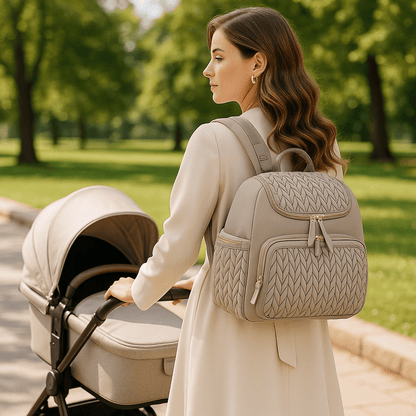 sac a langer Camel sur le dos de maman landau beige bordure goudron