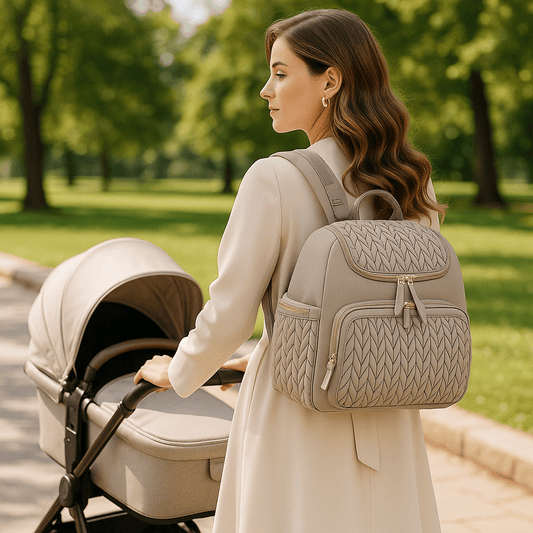 sac a langer Camel sur le dos de maman landau beige bordure goudron