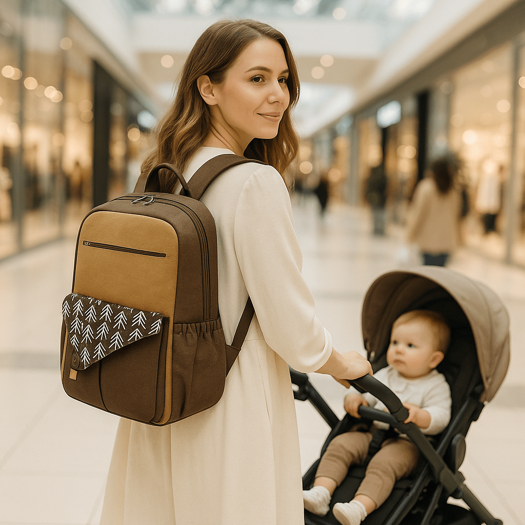 sac a langer au dos de maman bébé dans la poussette des commerces
