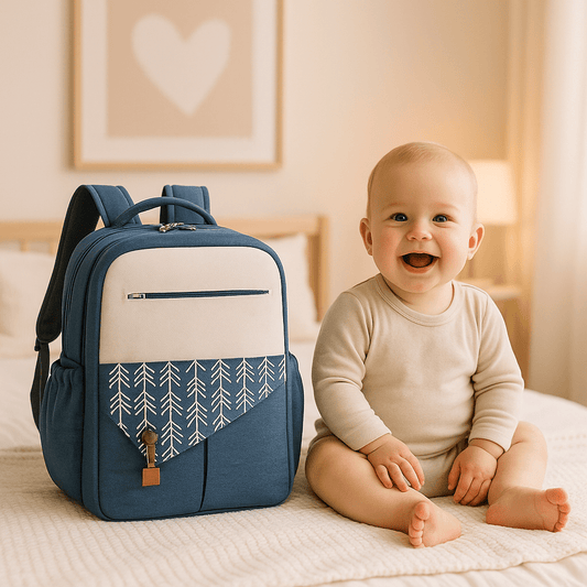 bébé assis sur le lit avec sac a langer bleu